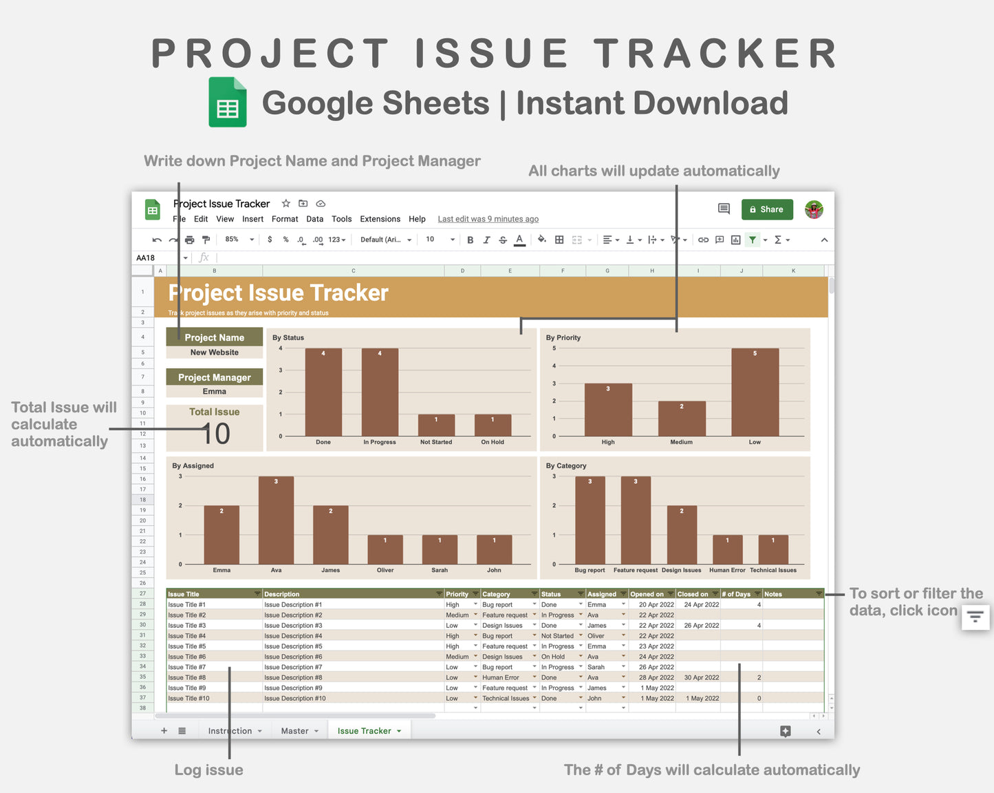Google Sheets - Project Issue Tracker - Boho