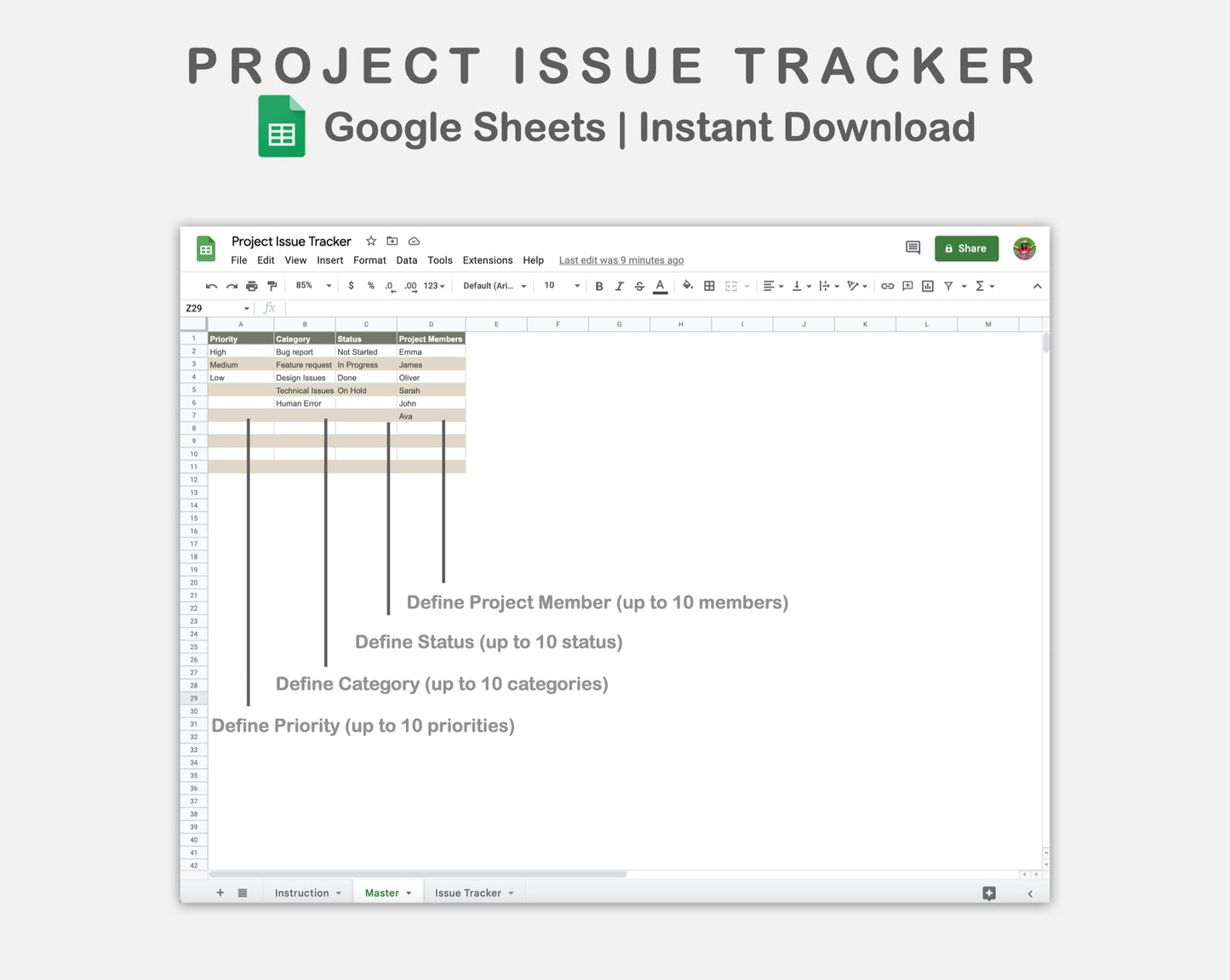 Google Sheets - Project Issue Tracker - Earthy