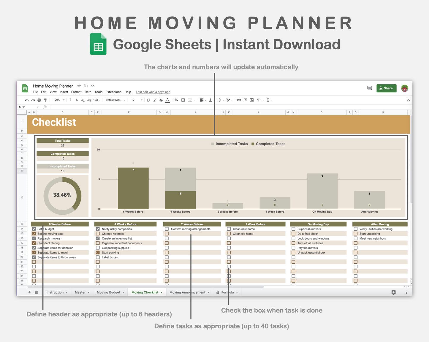 Google Sheets - Home Moving Planner - Boho