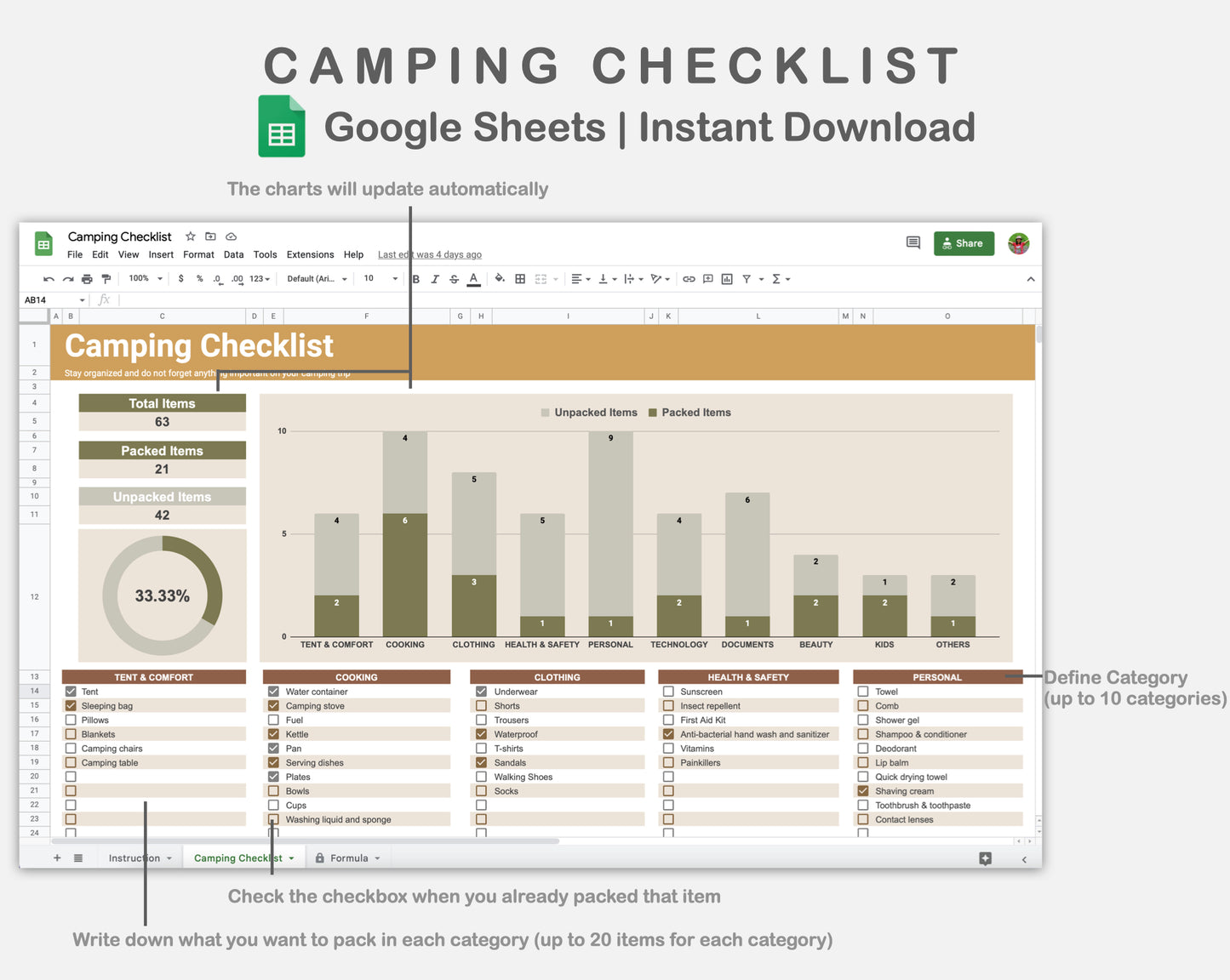Google Sheets - Camping Checklist - Boho