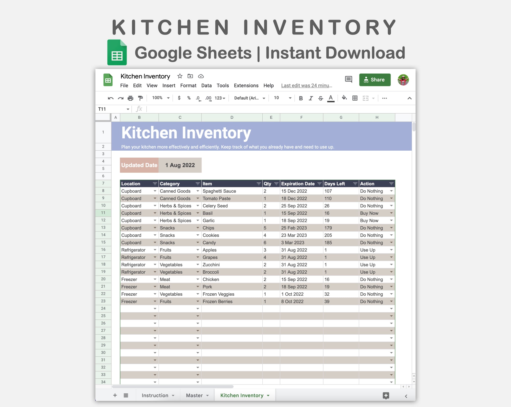 restaurant kitchen inventory template, editable google... Google Sheets - Kitchen Inventory - Sweet – kjunstudio
