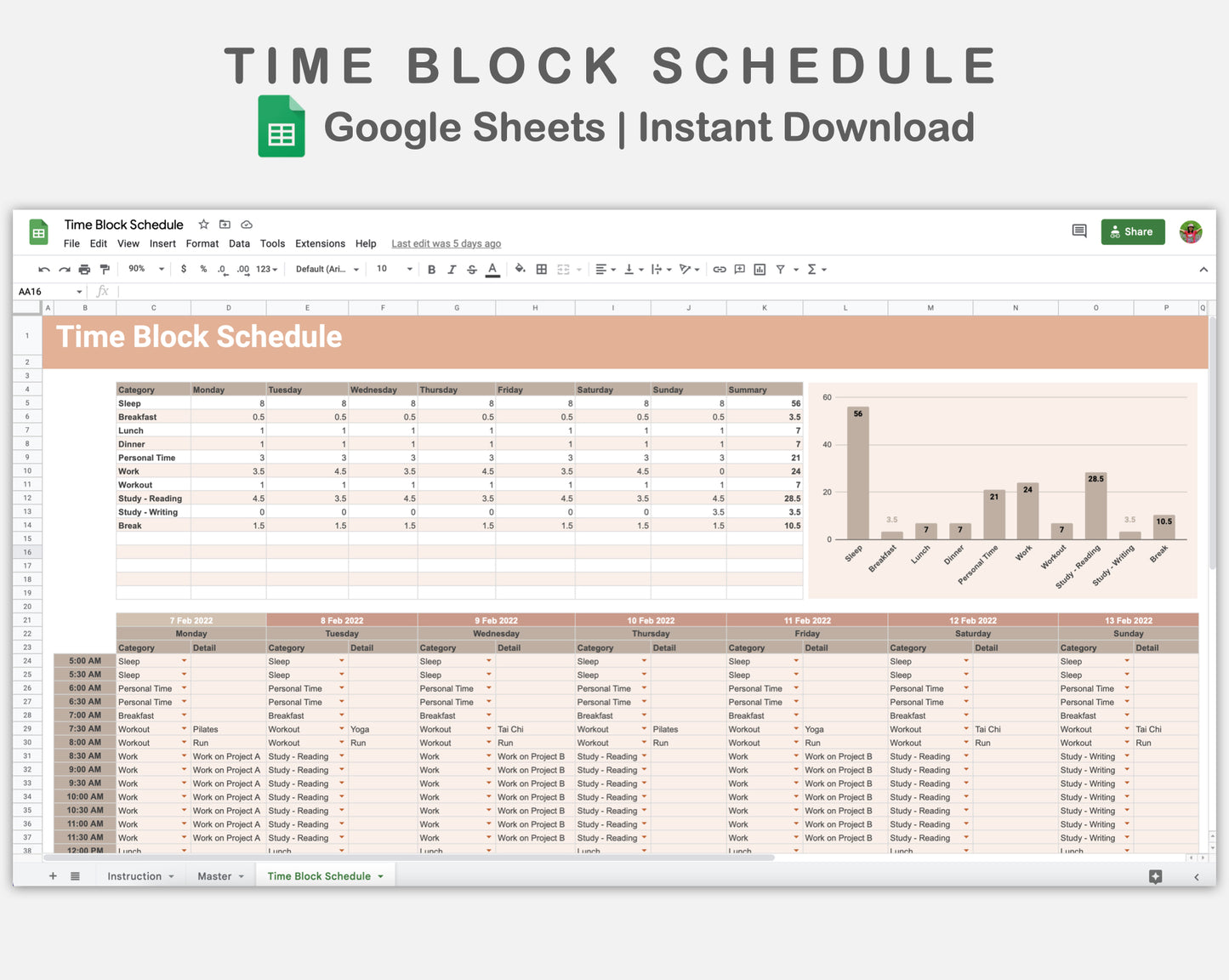 Google Sheets - Time Block Schedule - Neutral