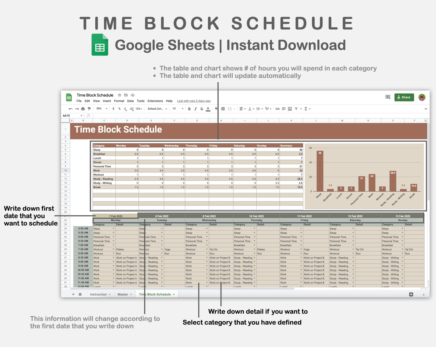 Google Sheets - Time Block Schedule - Earthy