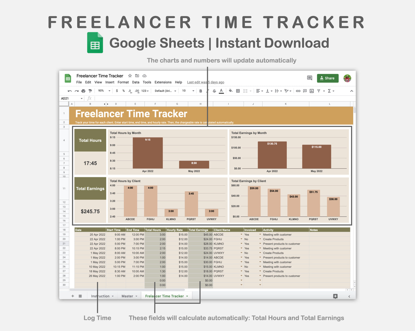 Google Sheets - Freelancer Time Tracker - Boho