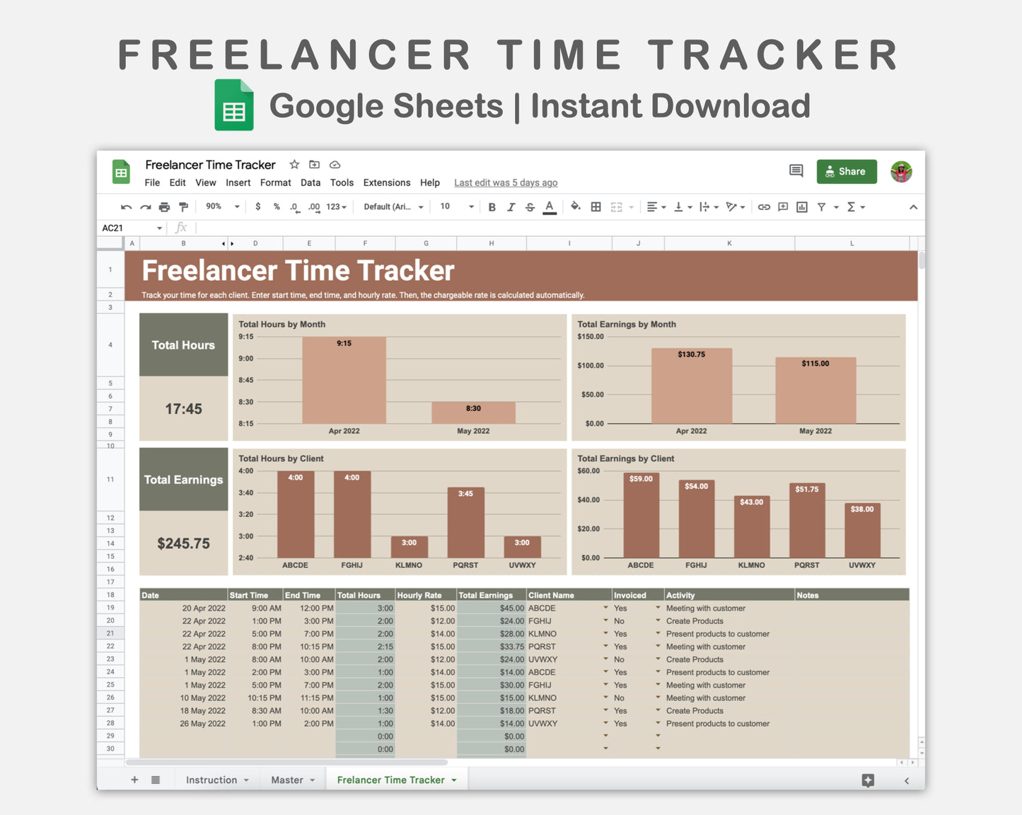 Google Sheets - Freelancer Time Tracker - Earthy
