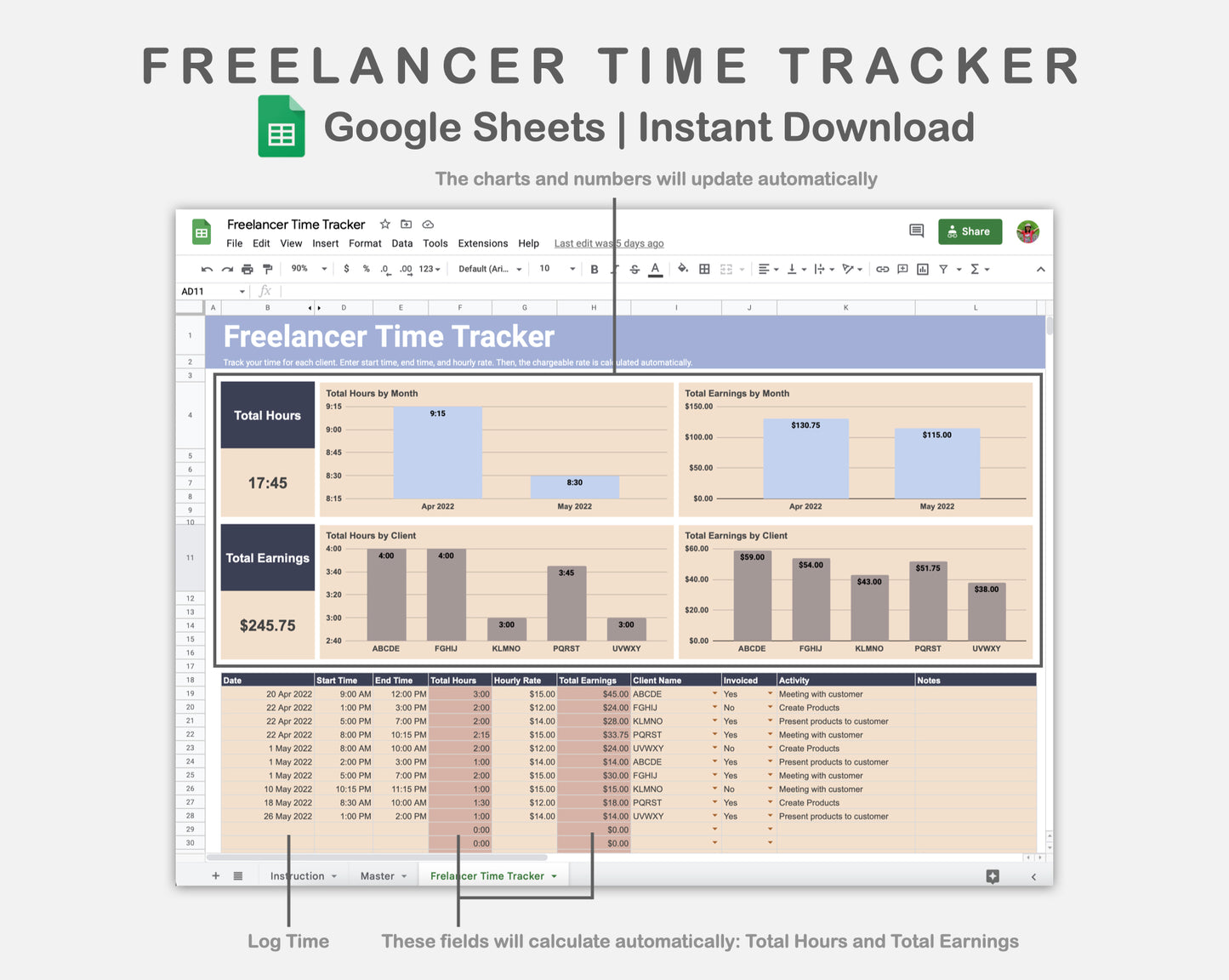 Google Sheets - Freelancer Time Tracker - Sweet