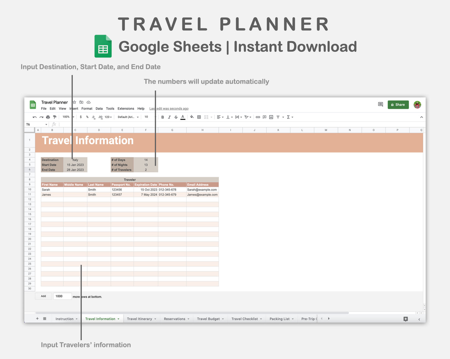 Google Sheets - Travel Planner  - Neutral