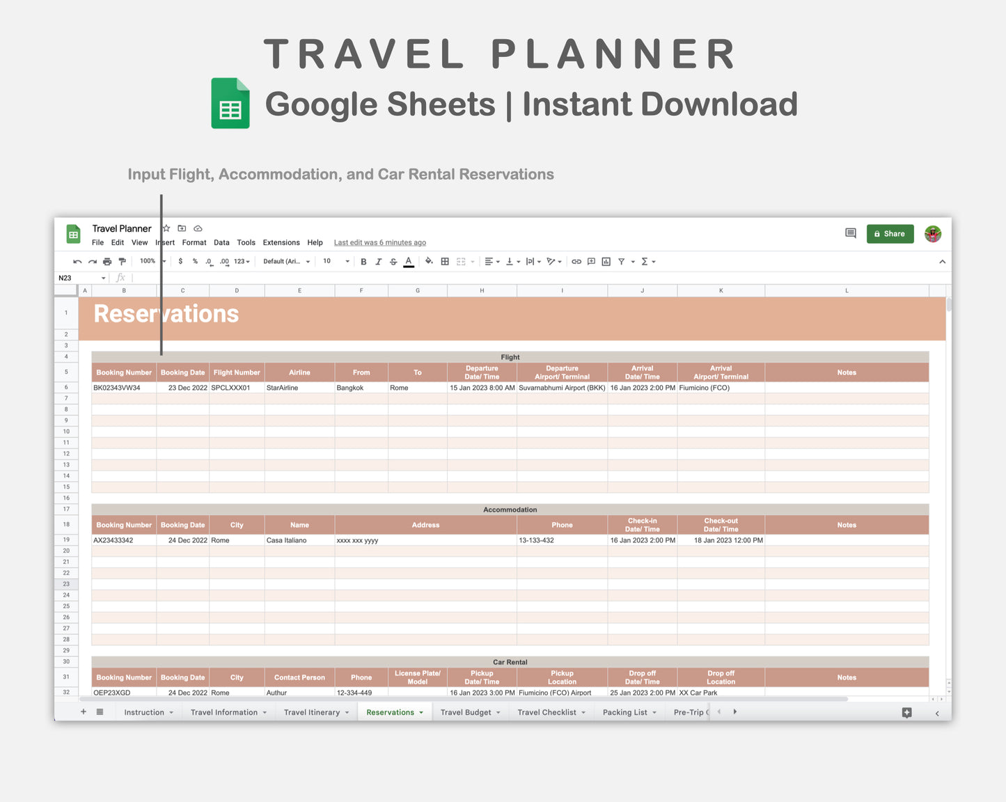 Google Sheets - Travel Planner  - Neutral