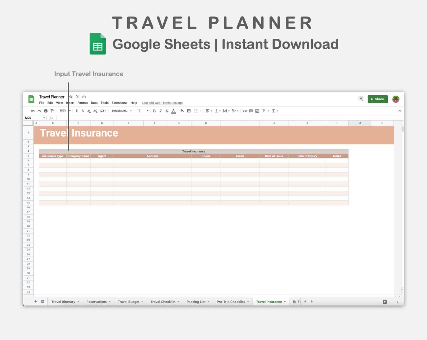 Google Sheets - Travel Planner  - Neutral