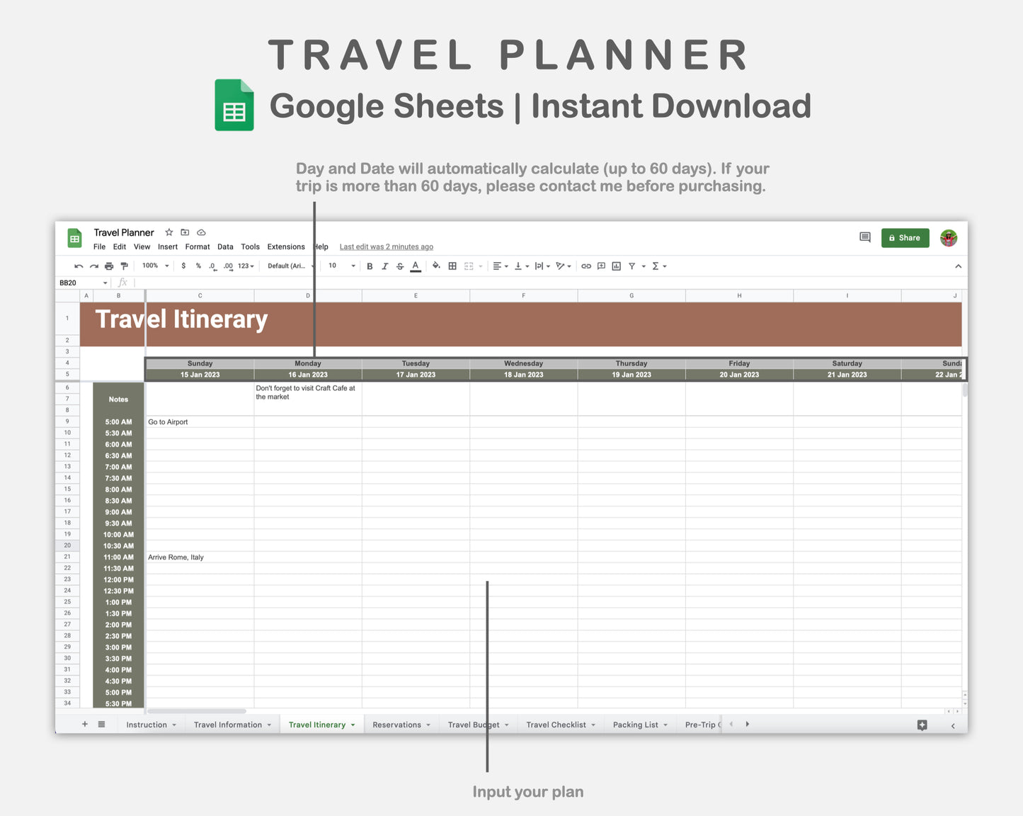 Google Sheets - Travel Planner  - Earthy