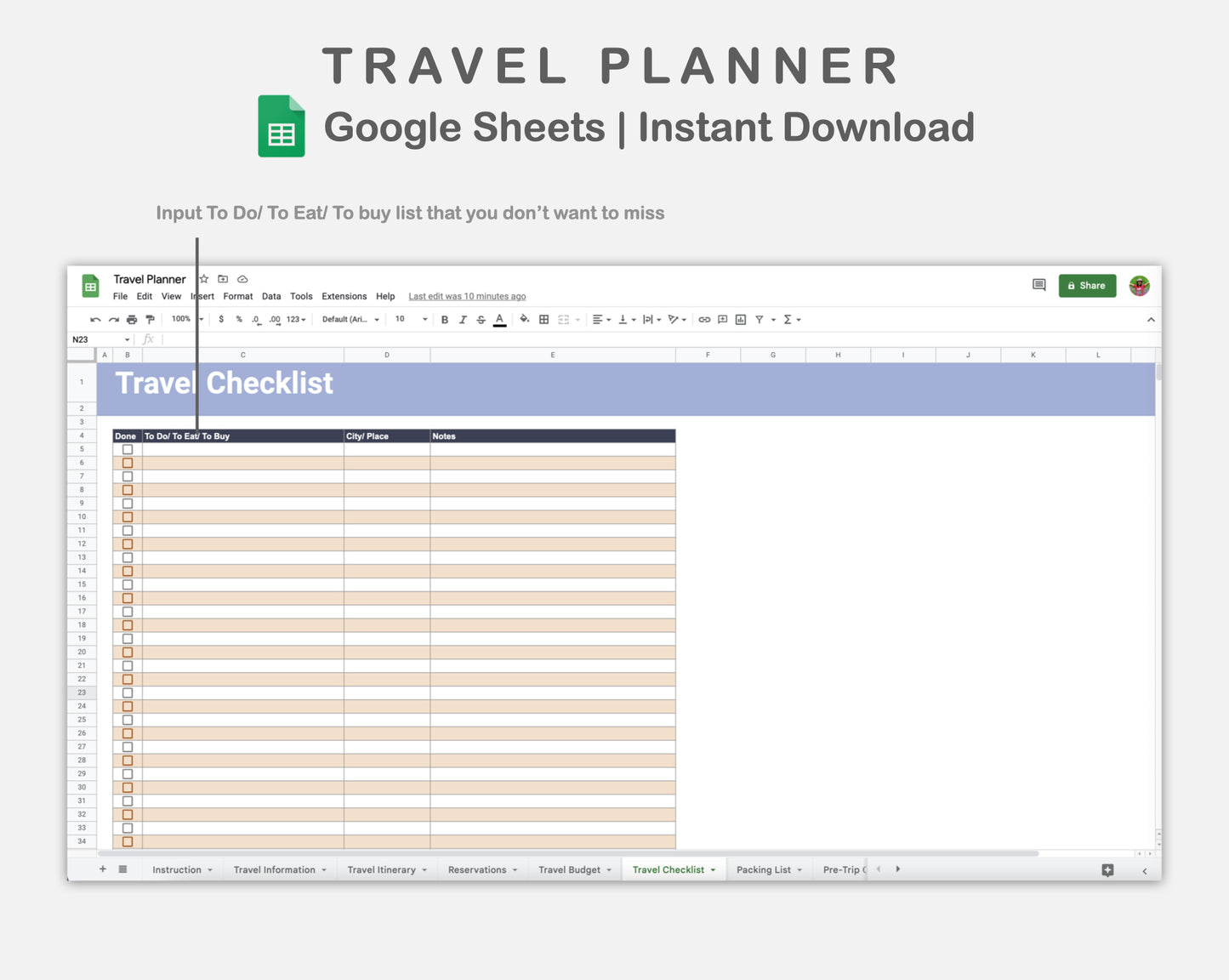 Google Sheets - Travel Planner  - Sweet