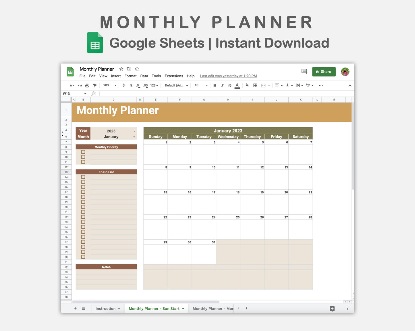 Google Sheets - Monthly Planner - Boho