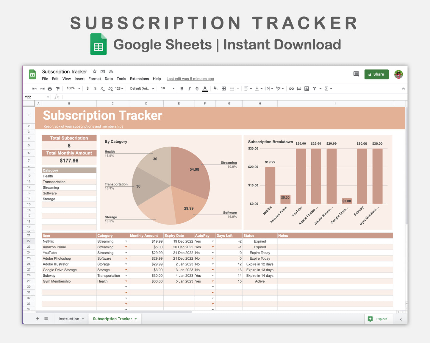 Google Sheets - Subscription Tracker - Neutral