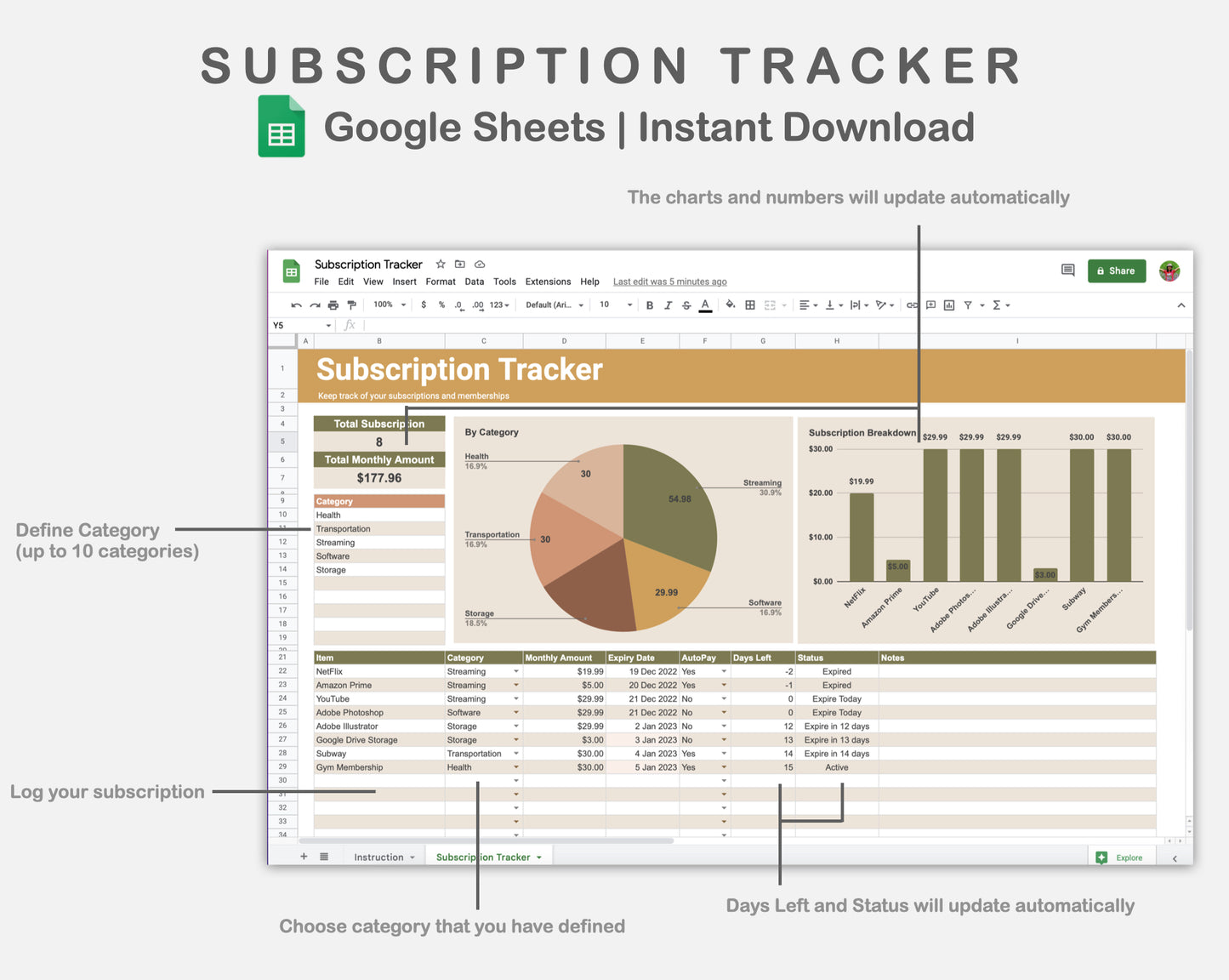 Google Sheets - Subscription Tracker - Boho