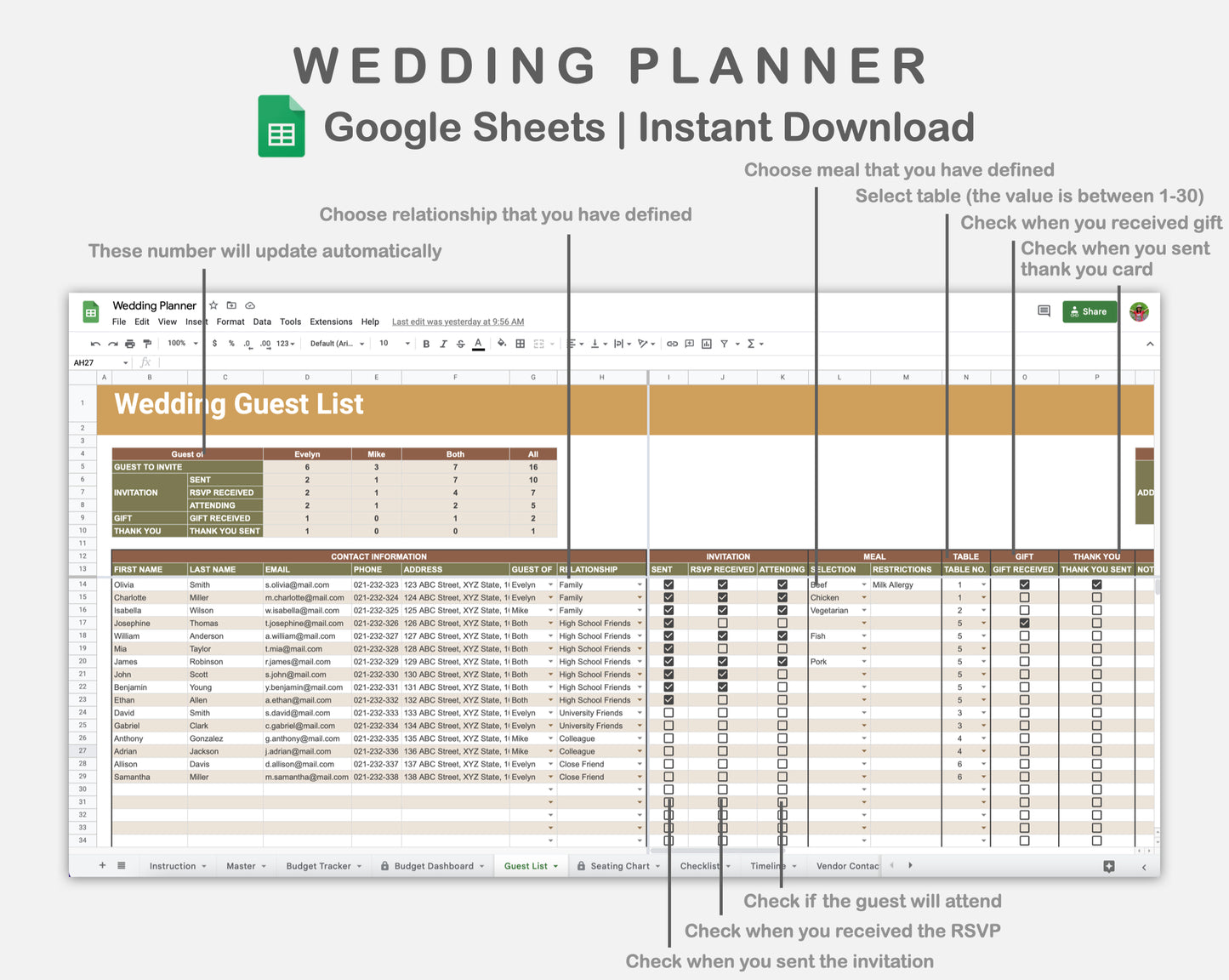 Google Sheets - Wedding Planner - Boho