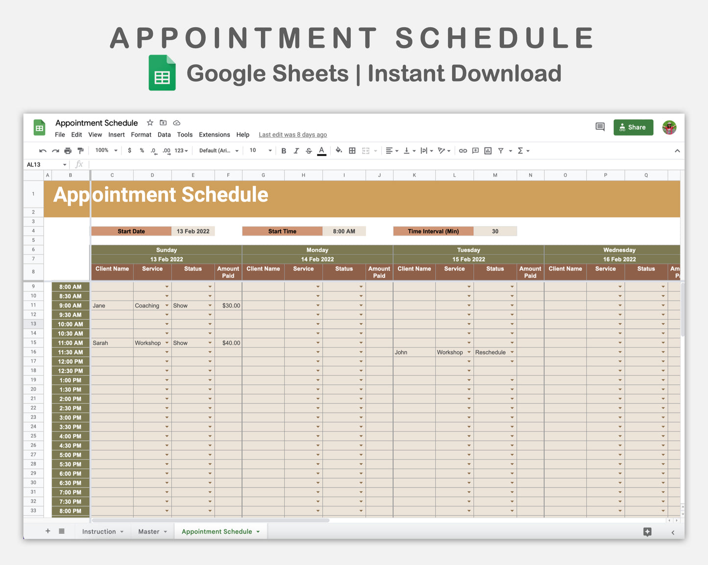 Google Sheets - Appointment Schedule - Boho
