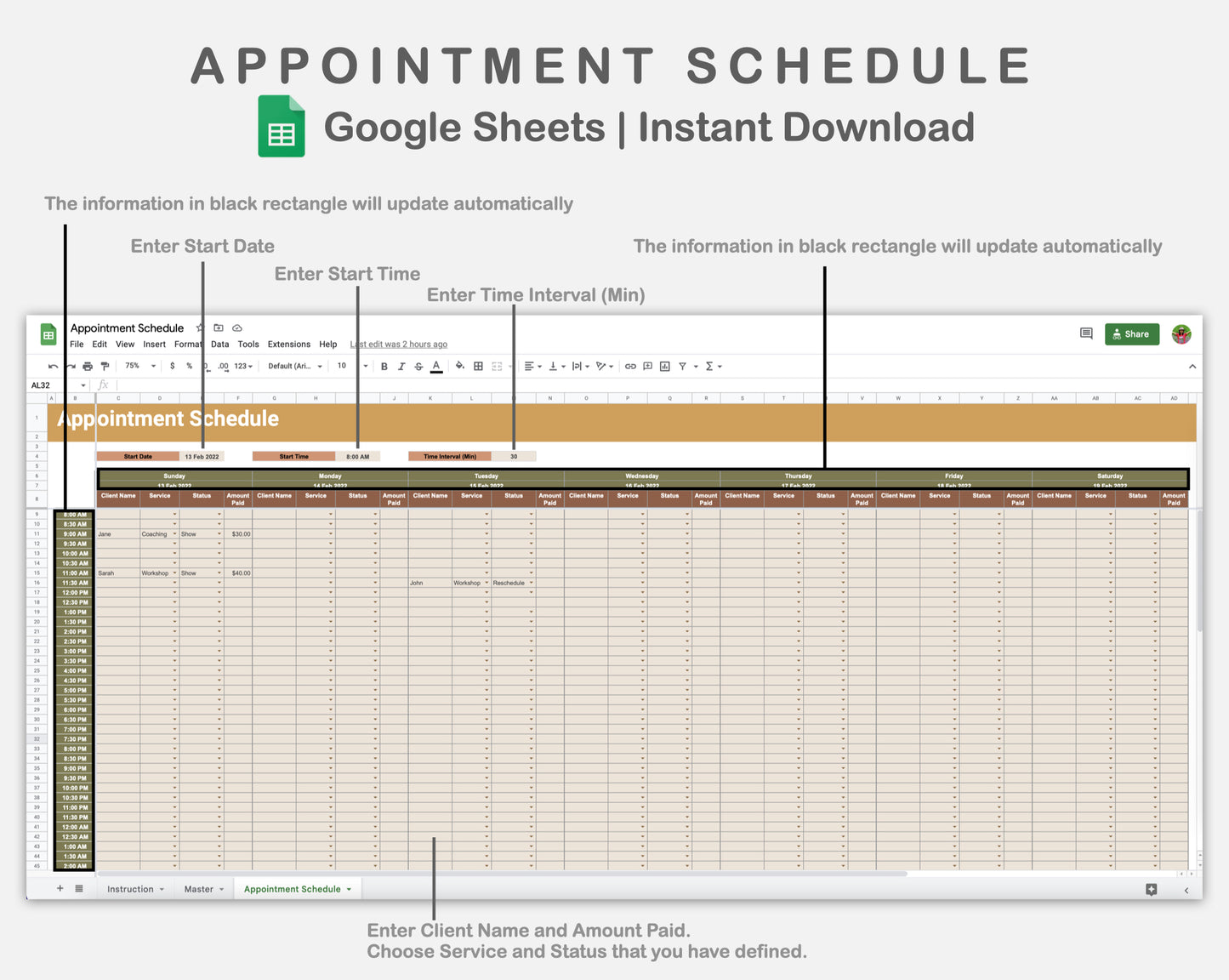 Google Sheets - Appointment Schedule - Boho