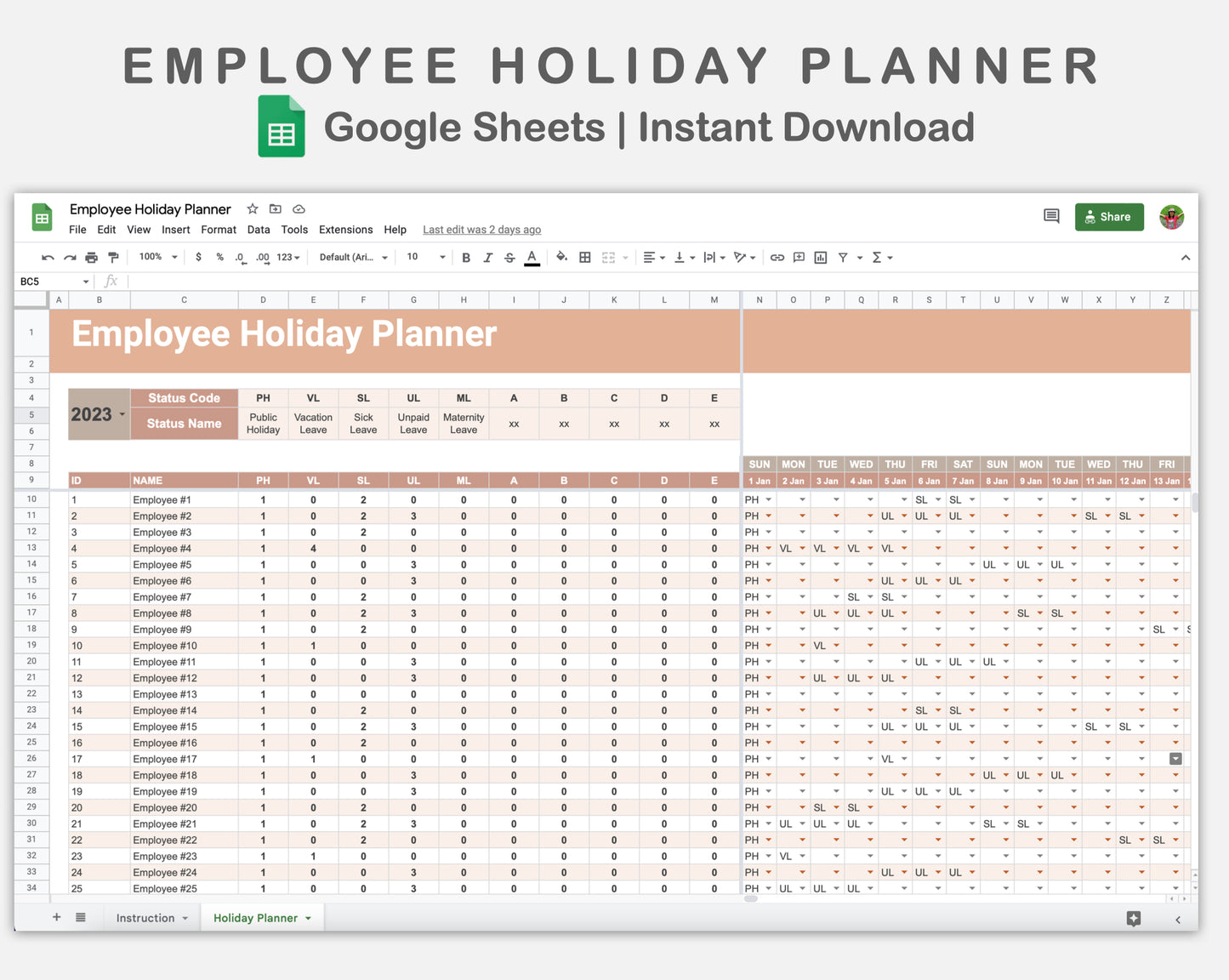 Google Sheets - Employee Holiday Planner - Neutral