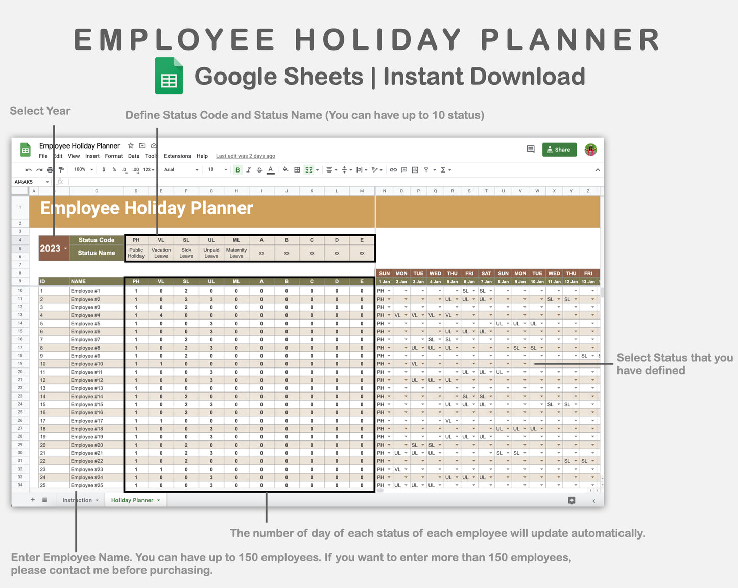 Google Sheets - Employee Holiday Planner - Boho