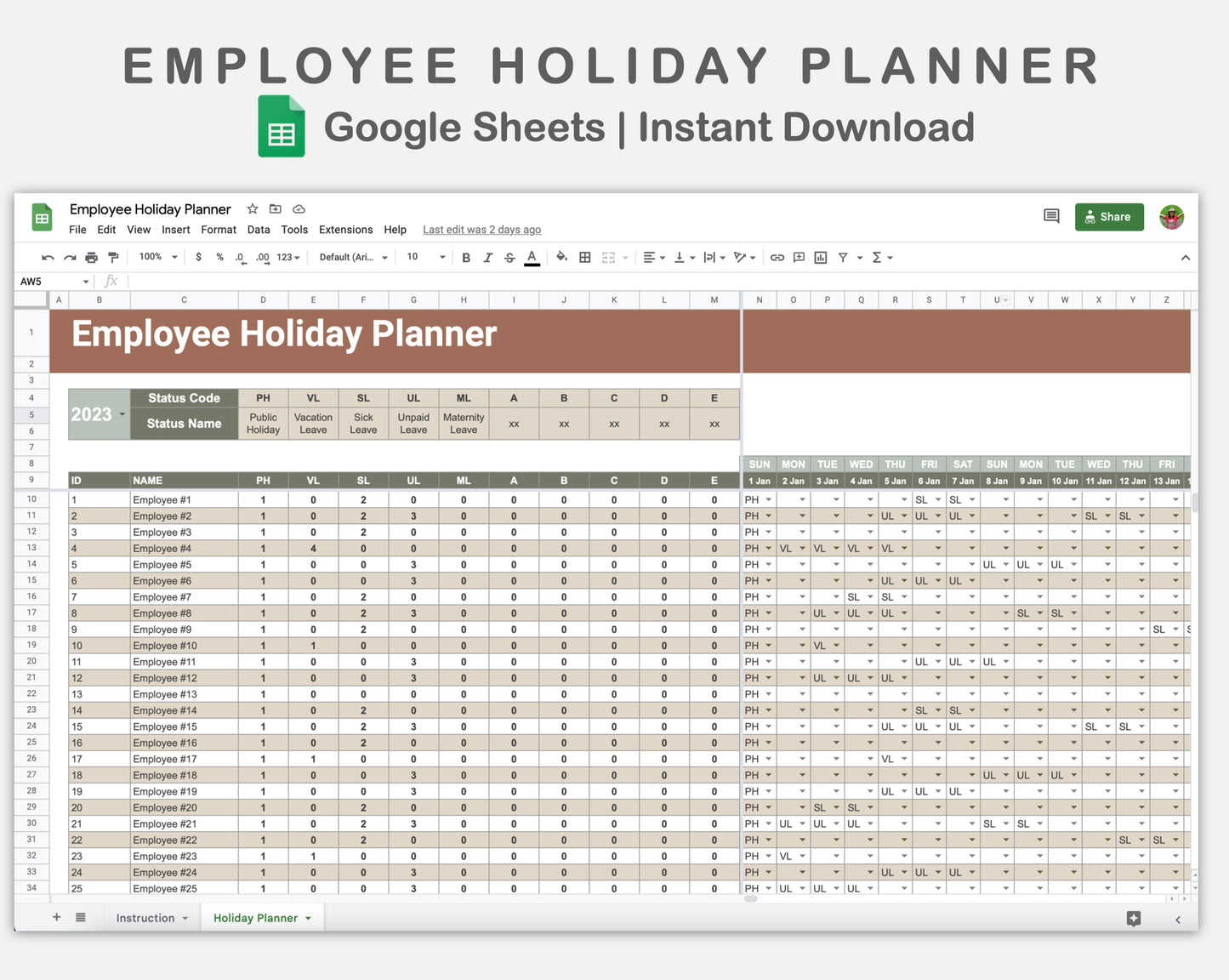 Google Sheets - Employee Holiday Planner - Earthy