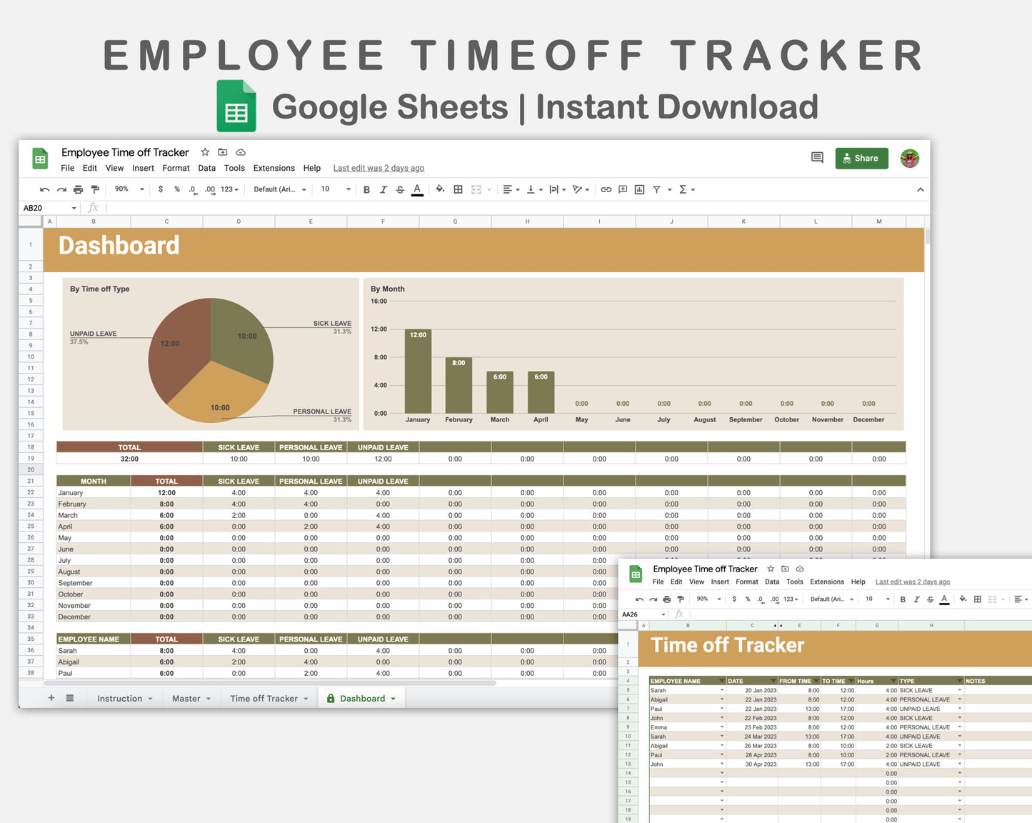 Google Sheets - Employee Time off Tracker - Boho