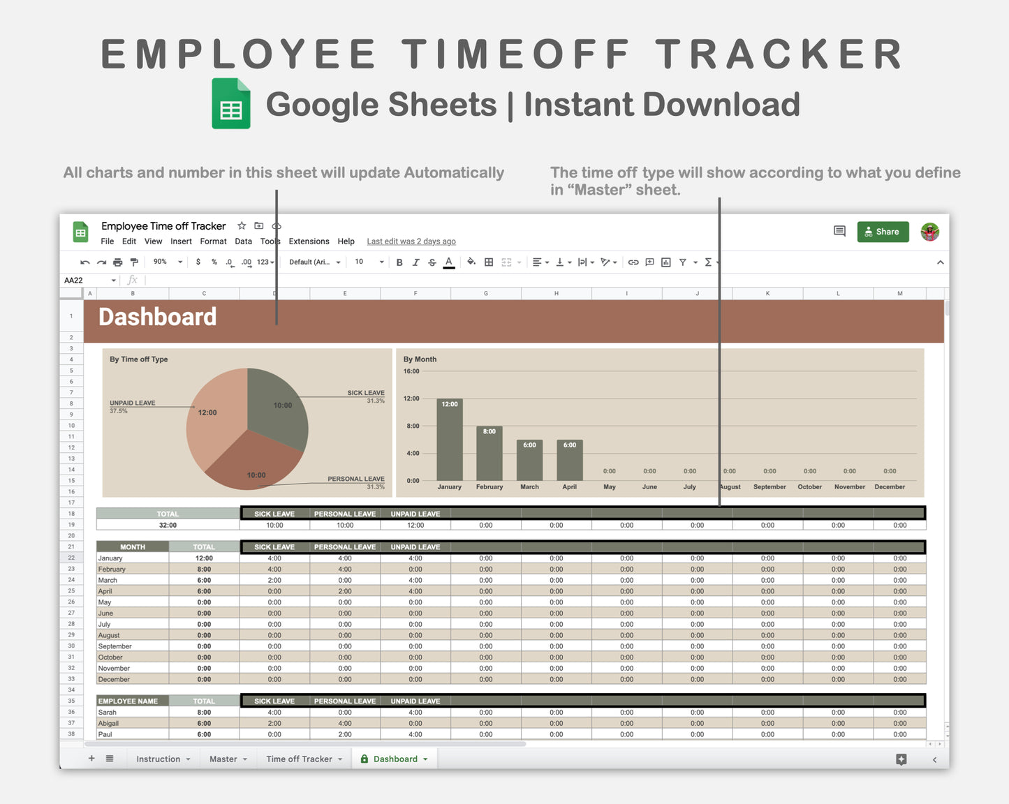 Google Sheets - Employee Time off Tracker - Earthy