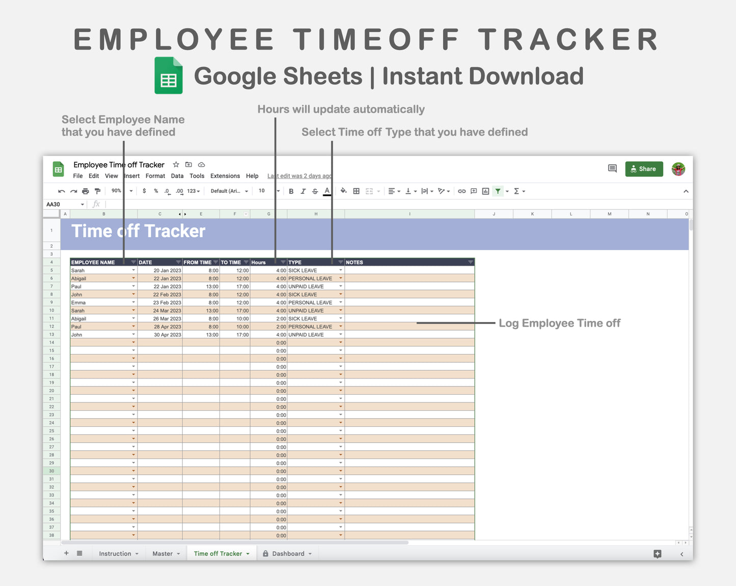 Google Sheets - Employee Time off Tracker - Sweet