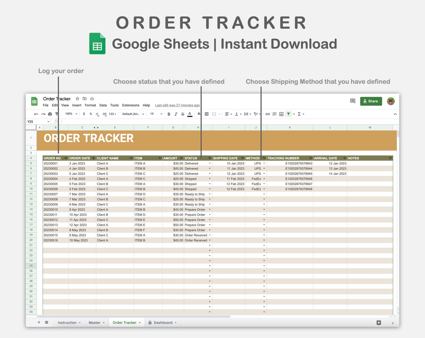 Google Sheets - Order Tracker - Boho