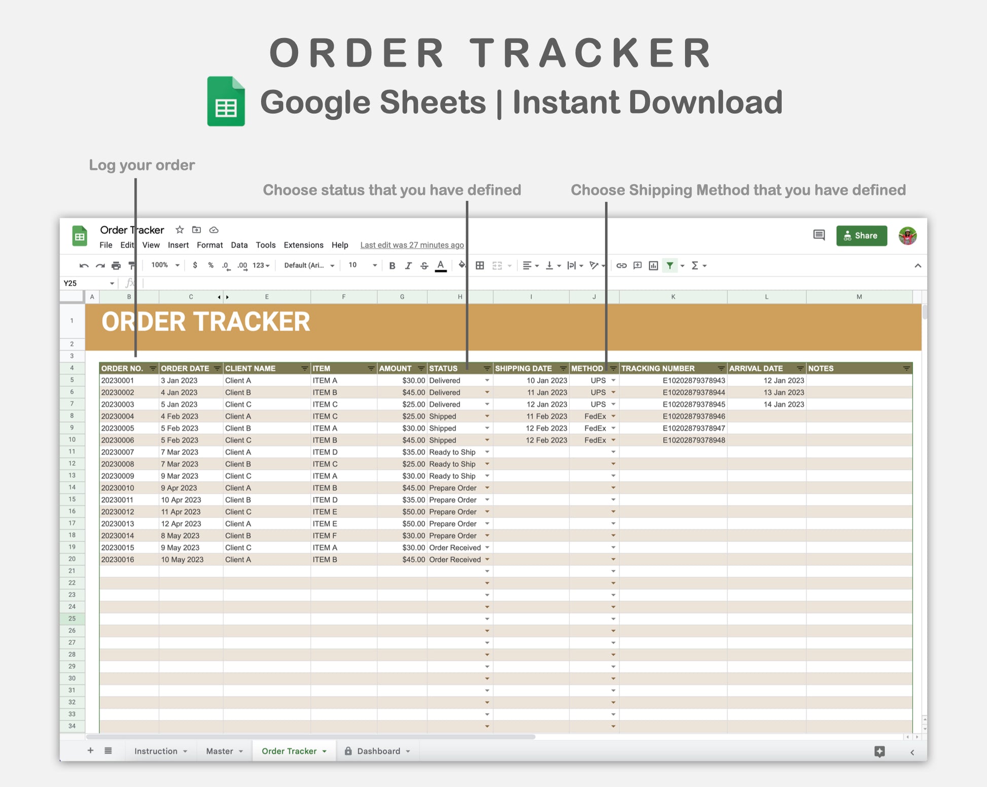 Google Sheets Order Tracker Boho kjunstudio