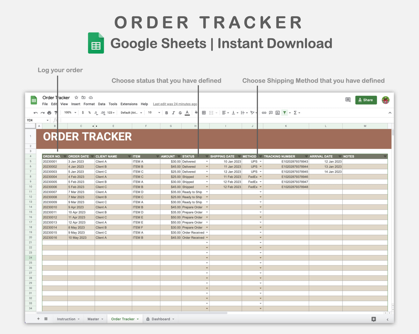 Google Sheets - Order Tracker - Earthy