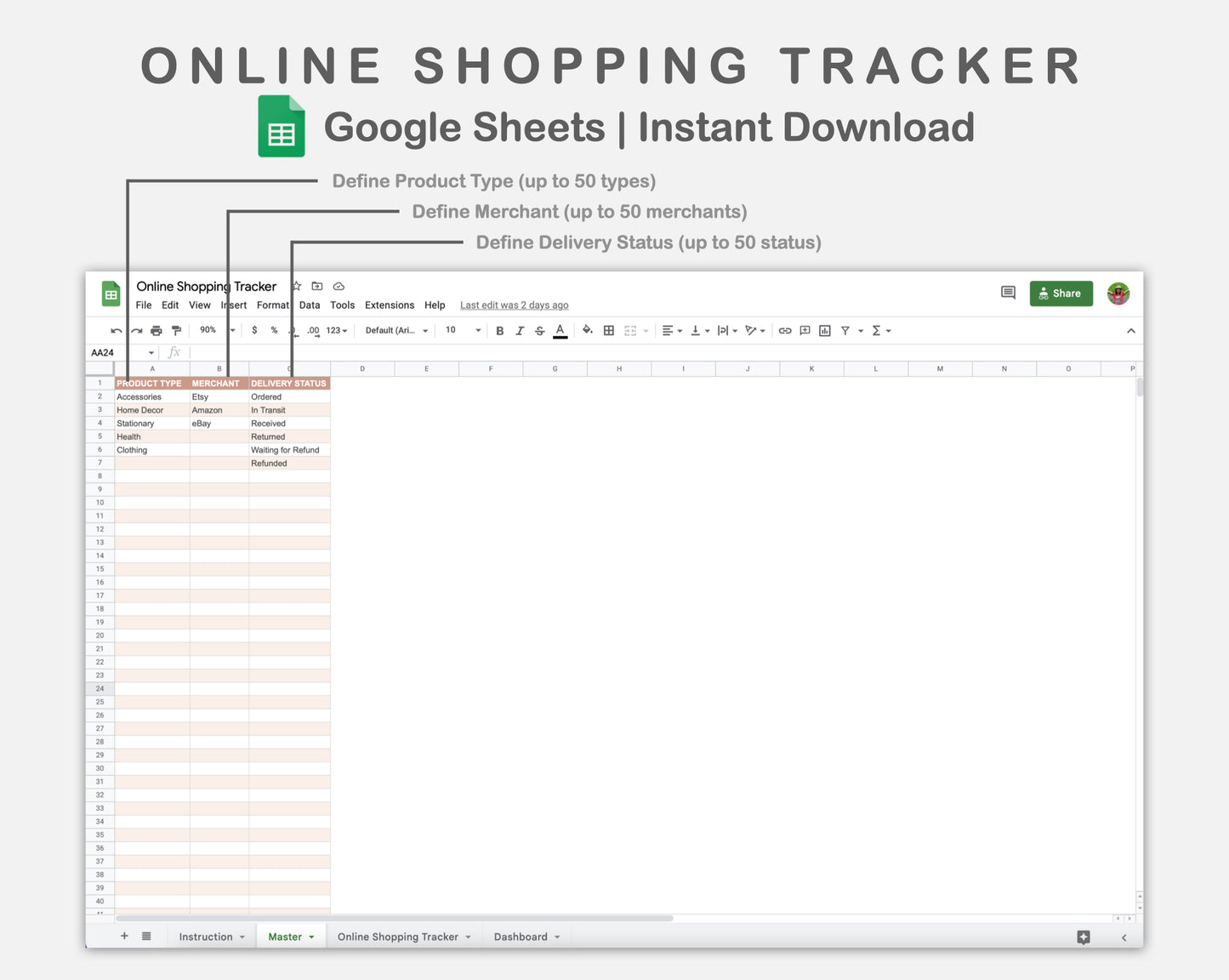 Google Sheets - Online Shopping Tracker - Neutral