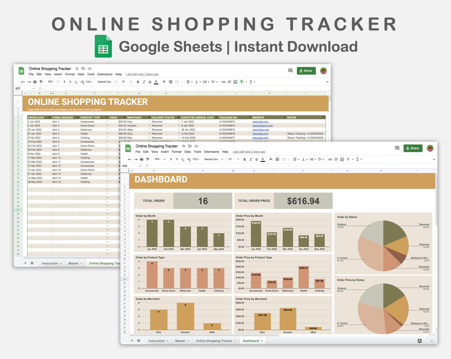 Google Sheets - Online Shopping Tracker - Boho