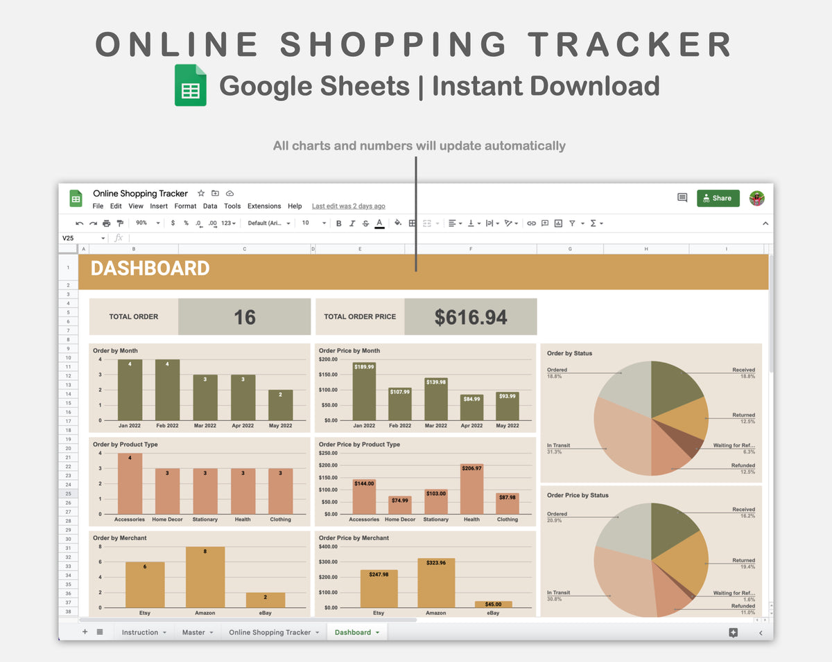 Google Sheets - Online Shopping Tracker - Boho – kjunstudio