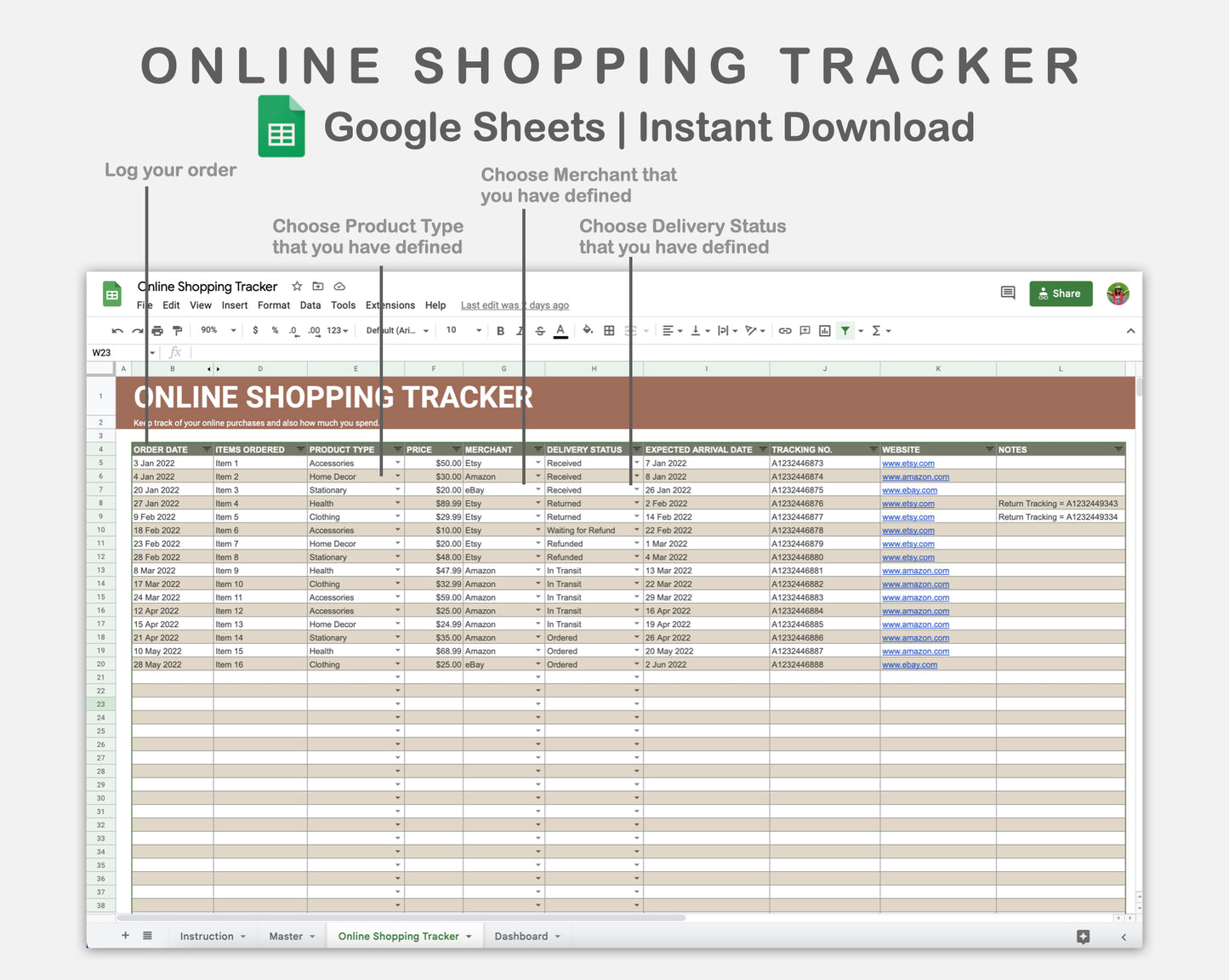 Google Sheets - Online Shopping Tracker - Earthy
