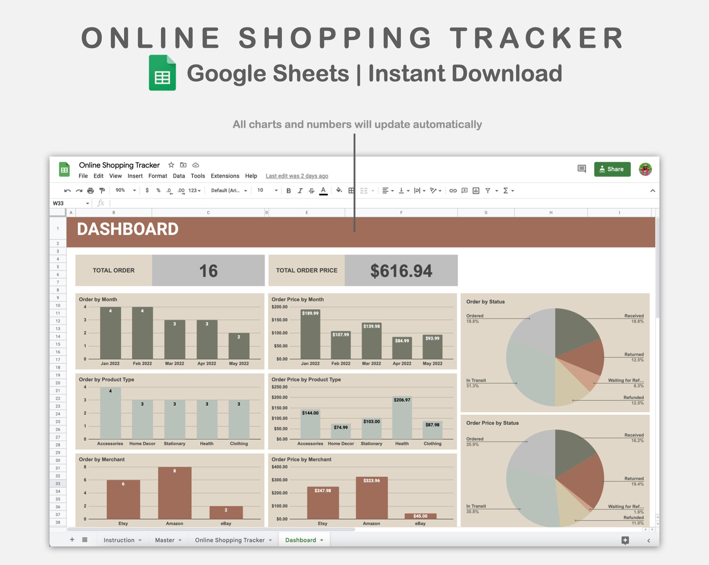 Google Sheets - Online Shopping Tracker - Earthy