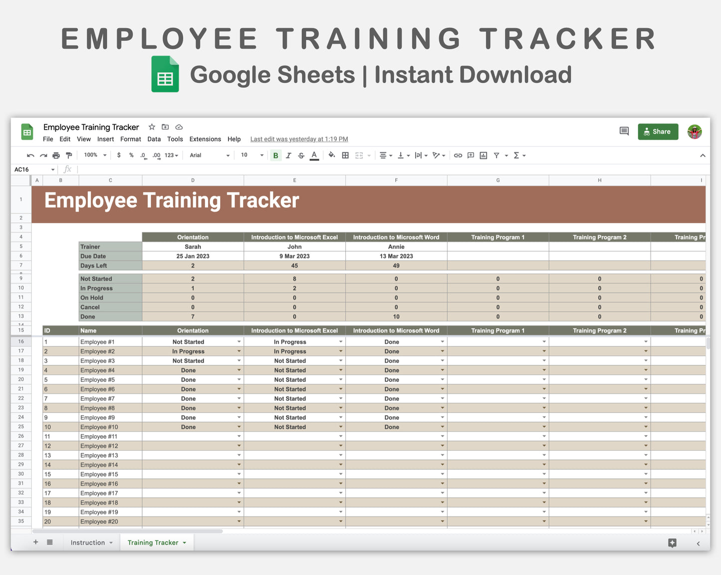 Google Sheets - Employee Training Tracker - Earthy