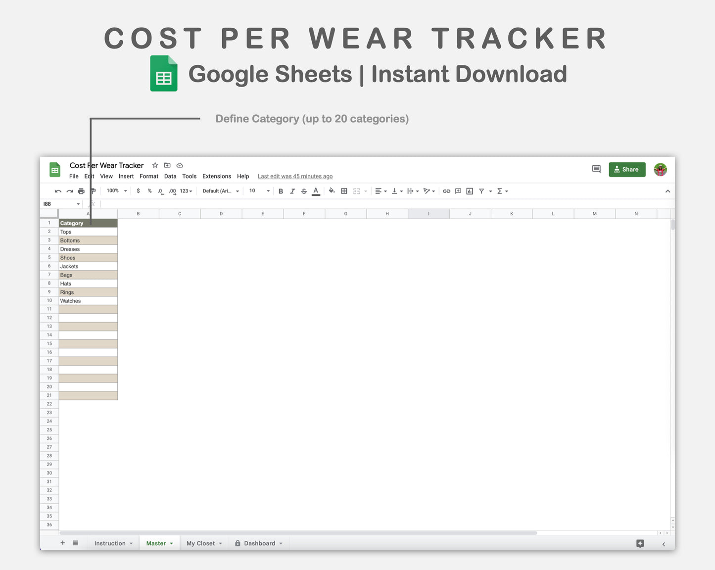Google Sheets - Cost Per Wear Tracker - Earthy