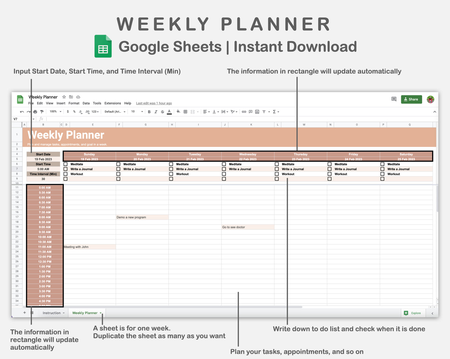 Google Sheets - Weekly Planner - Neutral