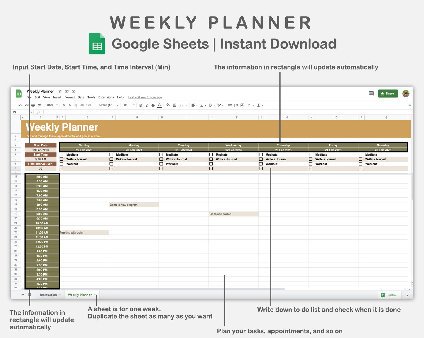 Google Sheets - Weekly Planner - Boho