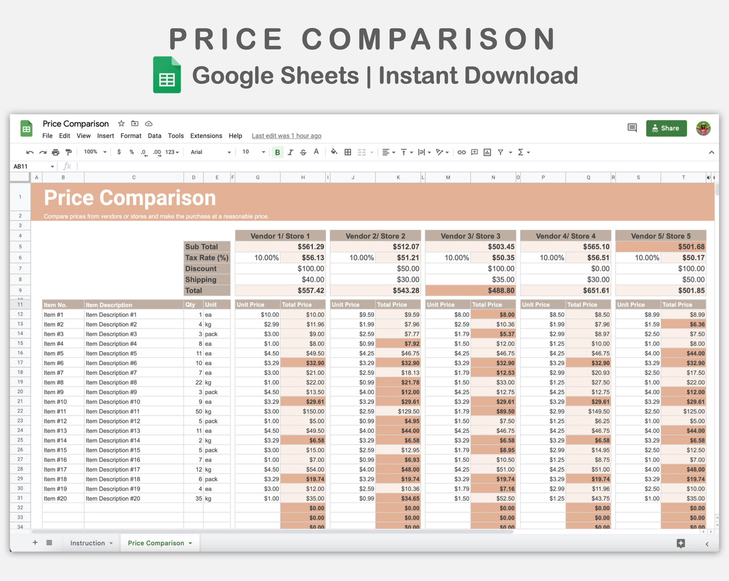Google Sheets - Price Comparison - Neutral