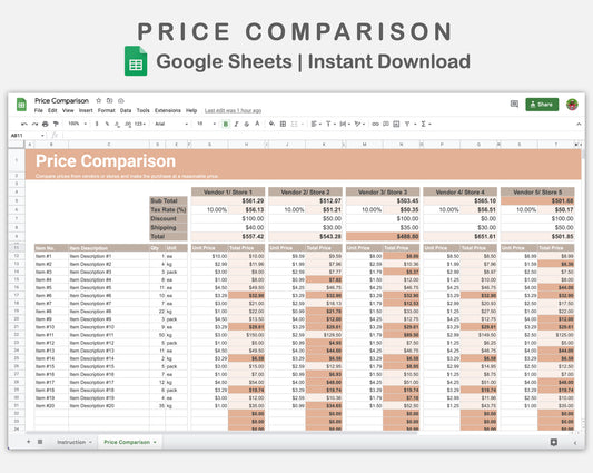 Google Sheets - Price Comparison - Neutral
