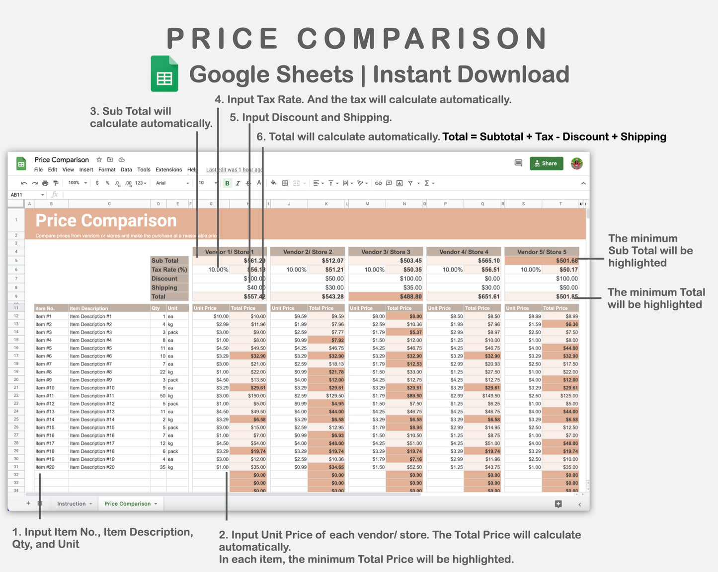 Google Sheets - Price Comparison - Neutral