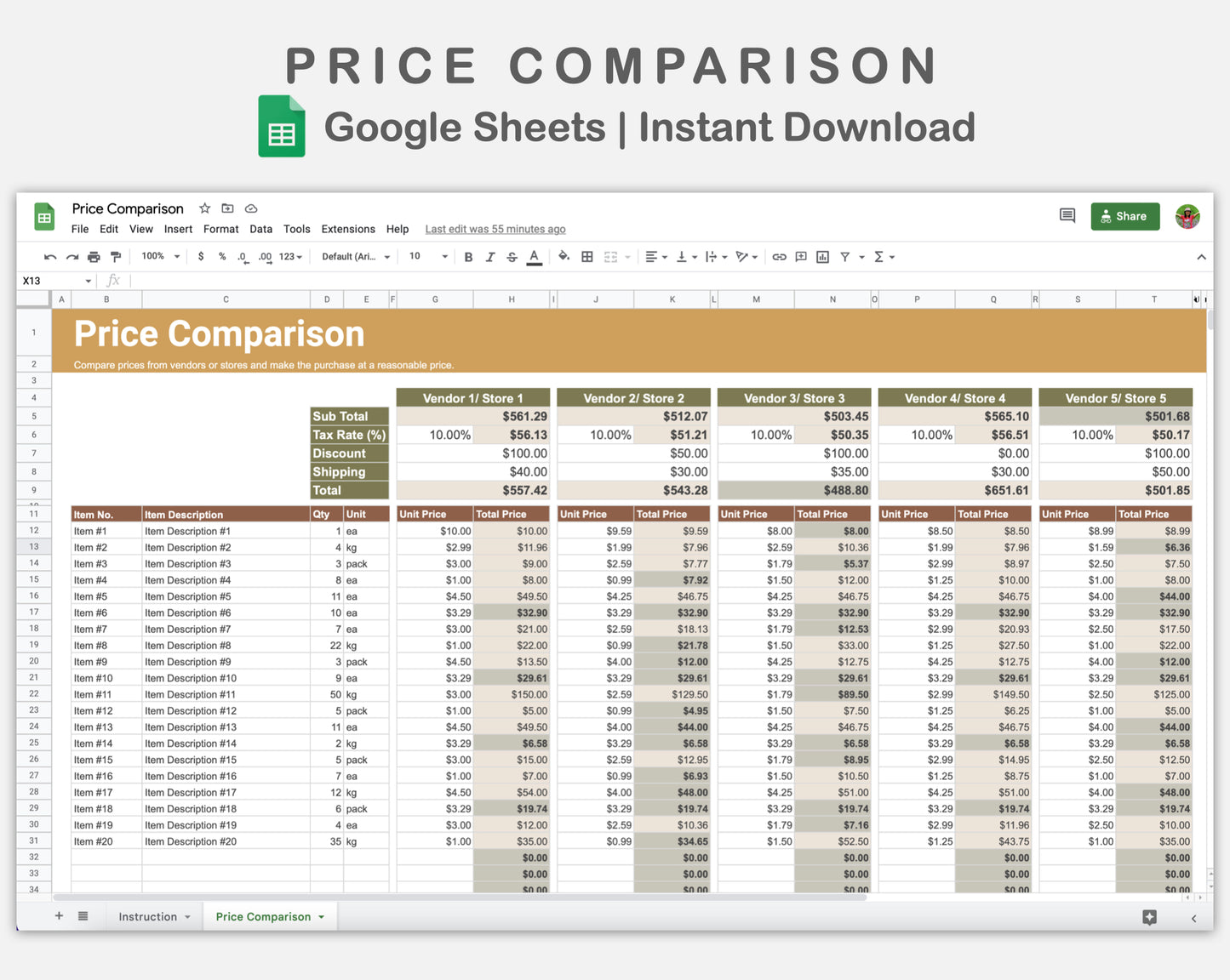 Google Sheets - Price Comparison - Boho