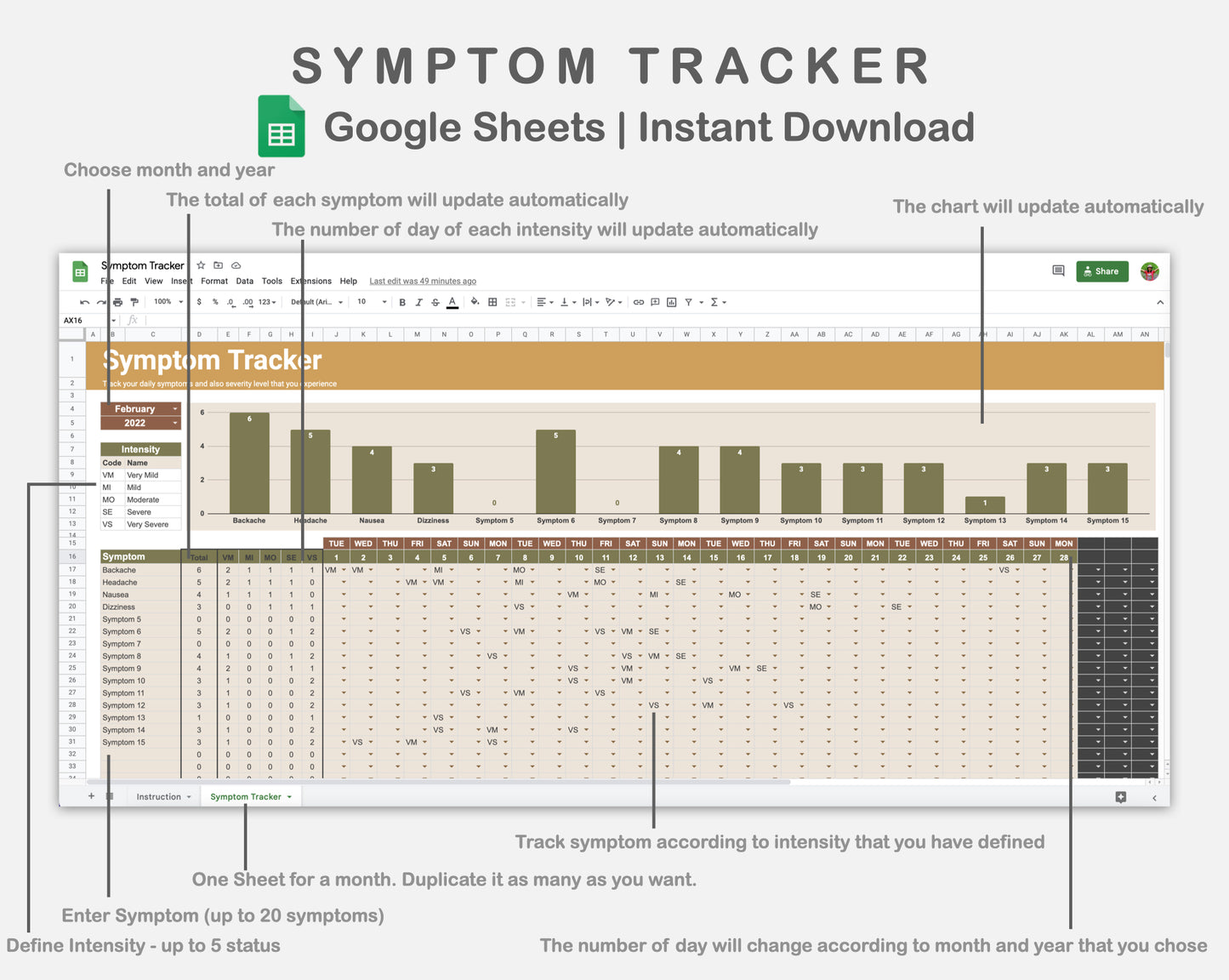 Google Sheets - Symptom Tracker - Boho