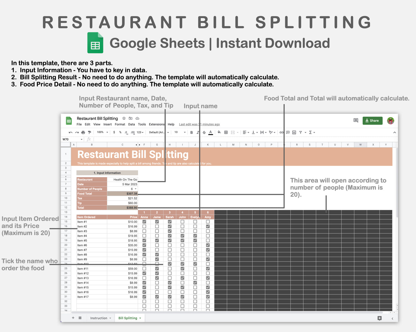 Google Sheets - Restaurant Bill Splitting - Neutral