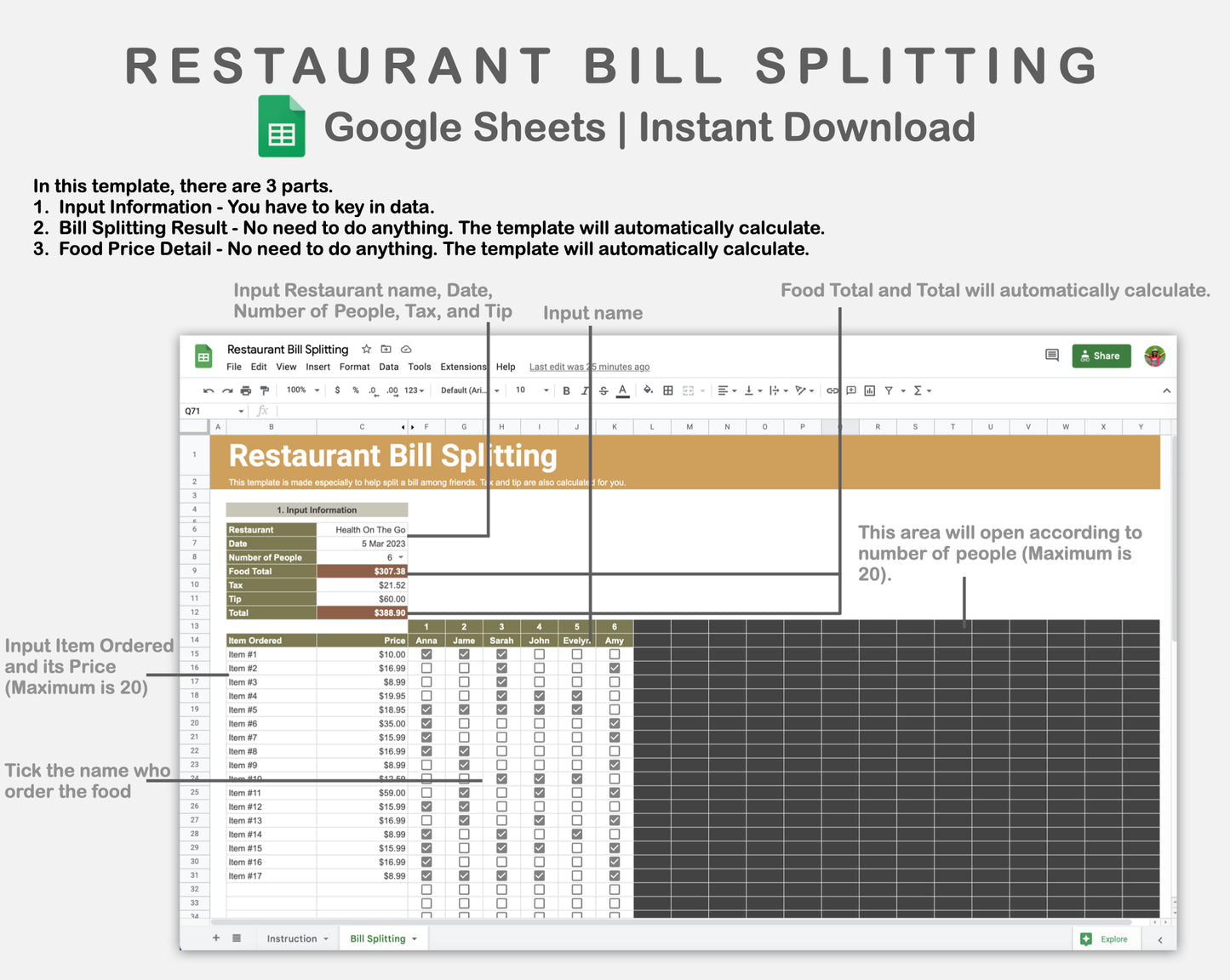 Google Sheets - Restaurant Bill Splitting - Boho