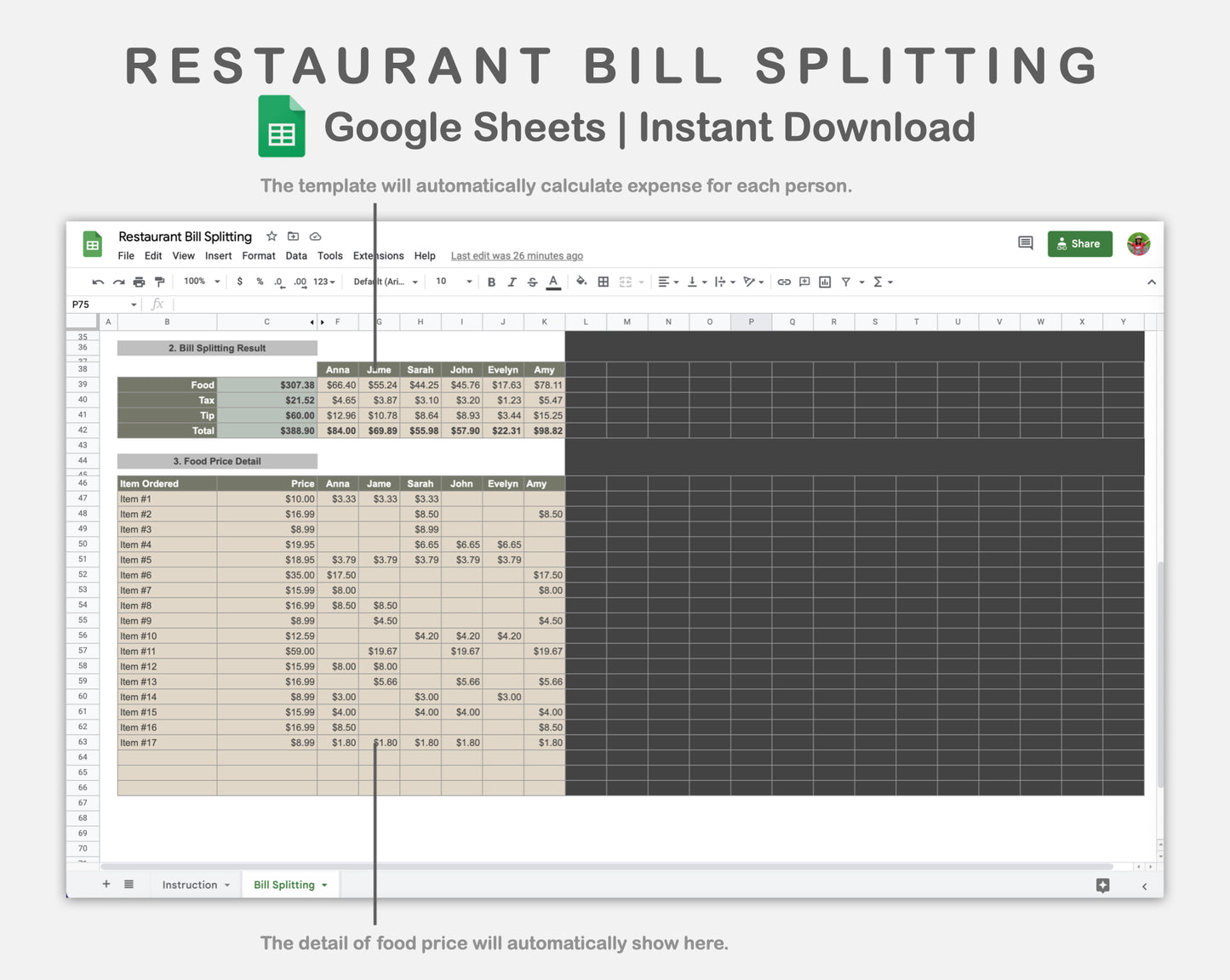 Google Sheets - Restaurant Bill Splitting - Earthy