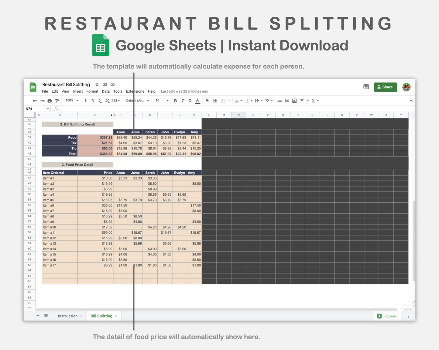 Google Sheets - Restaurant Bill Splitting - Sweet