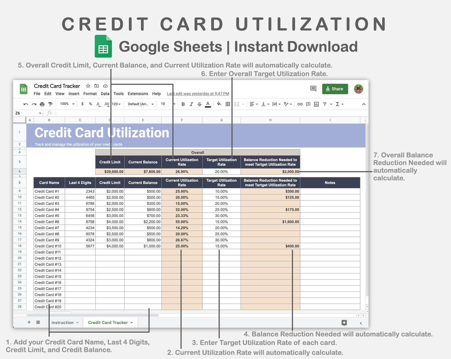 Google Sheets - Credit Card Utilization - Sweet