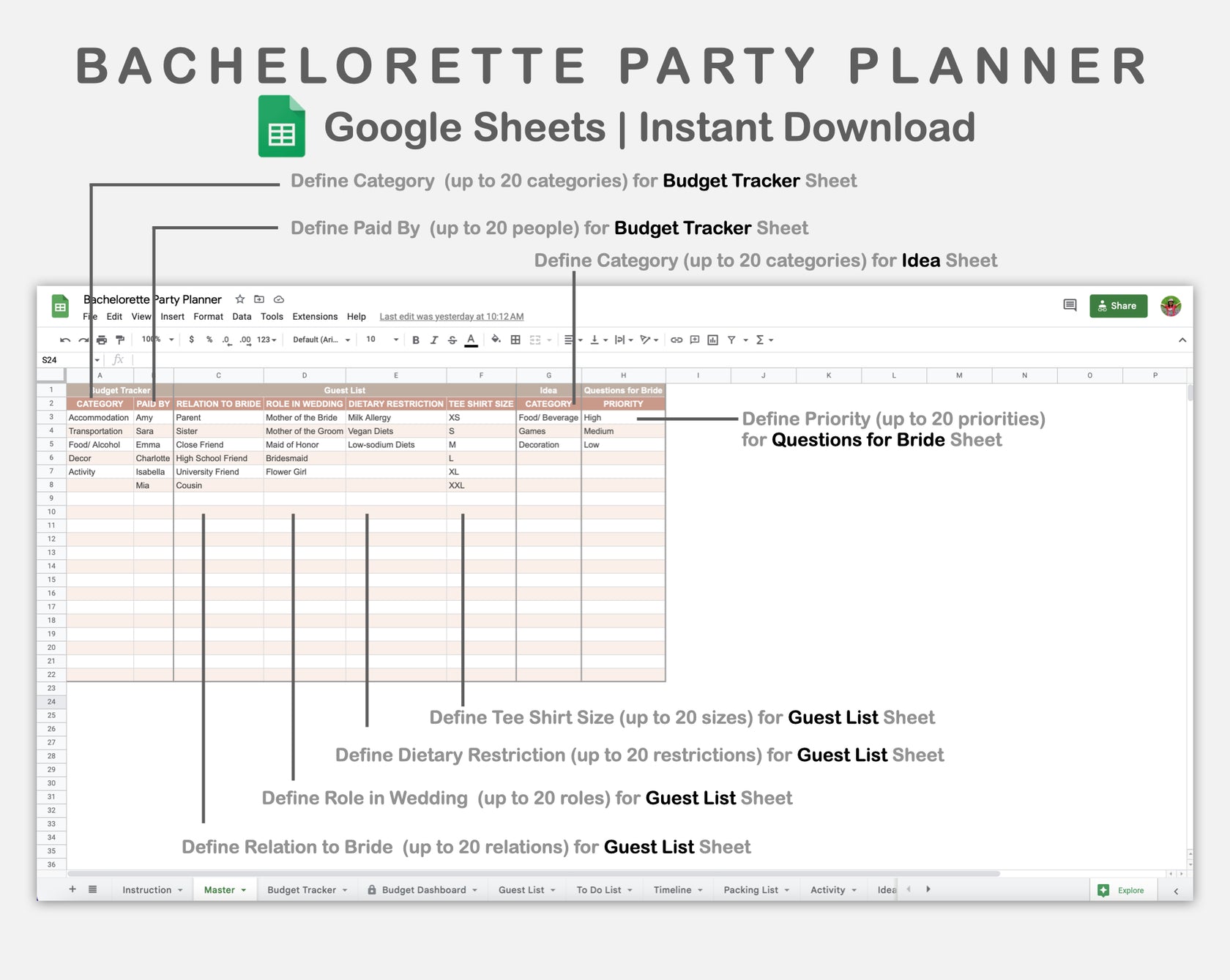 Google Sheets Bachelorette Party Planner Neutral Kjunstudio